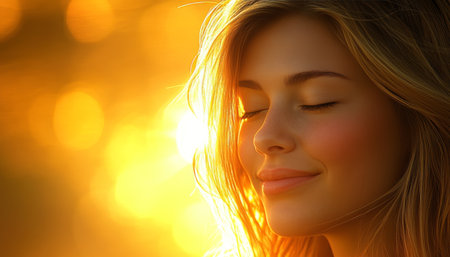 Smiling Woman with Closed Eyes Enjoying Sunshine, Beautiful Girl in Golden Hour Lightの素材