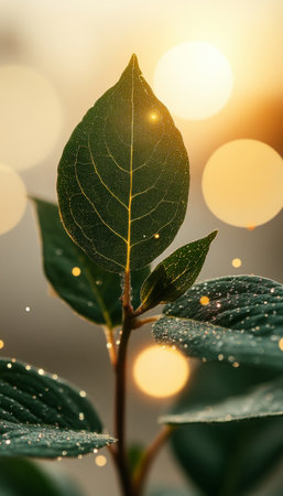 Sunlight Through Young Leaves, Sparkling Bokeh Background, Vibrant Green New Growth, Nature s Beautyの素材