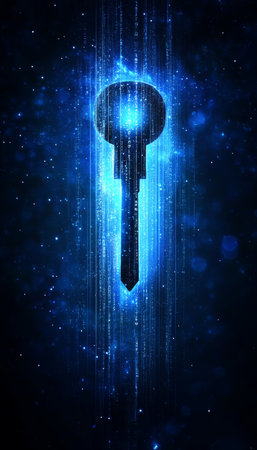 Glowing Digital Key Unlocking Technology Driven Opportunities Against Abstract Digital Backgroundの素材
