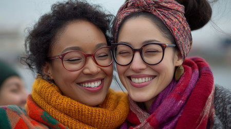 Two Diverse Young Women Share a Joyful Moment, Smiling Close Together in an Outdoor Portraitの素材