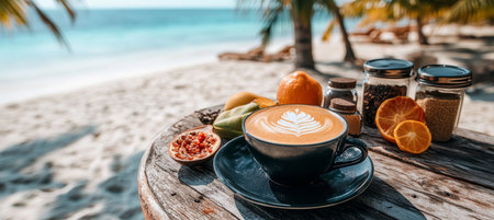 Warm Beach Day Artistically Designed Latte Complemented by Fresh Tropical Fruits and Exotic Spicesの素材