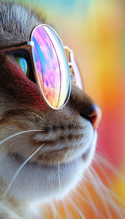 Cool Cat With Mirrored Aviator Sunglasses Vibrant Background Reflection and Curious Gazeの素材