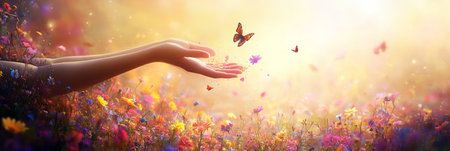 Hands Releasing Butterflies Into Sunlight, Symbolizing Hope, Freedom, And New Beginningsの素材