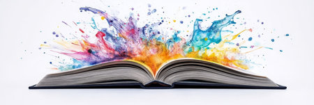 Open Book With A Colorful Paint Splash Exploding Out, On White Paper, Spark Your Imaginationの素材