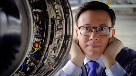 Confident Male Engineer in Suit and Glasses Examining a Large Aircraft Engine in Aviation Industryの素材