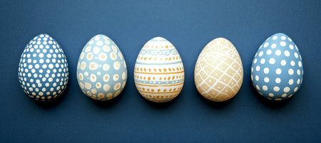 Five Navy And Beige Easter Eggs With Polka Dot And Geometric Patterns, Isolated On Navy Backgroundの素材