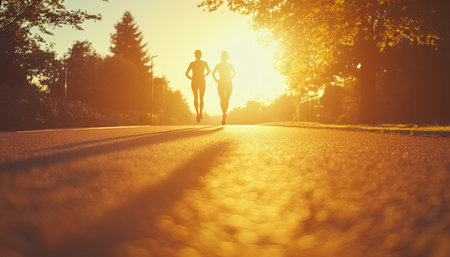 Two Women Runners Silhouetted Against Sunrise on Path Run, Representing Wellness Goalsの素材