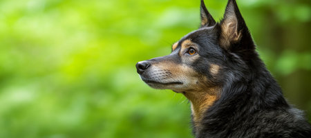 Alert Black And Tan Dog With Intense Gaze, Blurred Green Forest Background With Copy Spaceの素材