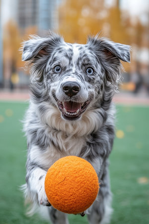 Playful Blue Merle Dog Fetching Bright Orange Ball, Outdoor Pet Portrait on Green Grassの素材
