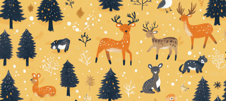 Charming Forest Animals on a Sunflower Yellow Background, a Cheerful and Playful Illustrationの素材