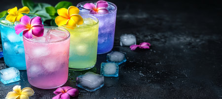 Refreshing Summer Cocktails with Tropical Blossom and Ice Cubes on a Dark Rustic Plateの素材