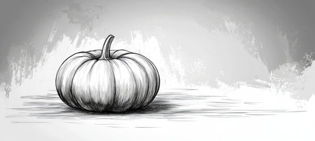 Black And White Vector Outline Sketch Illustration Of A Single Ripe Pumpkin On A Textured Backgroundの素材