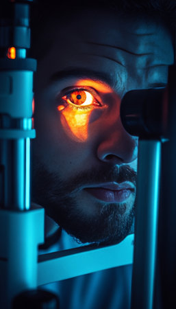 Patient Undergoing Eye Exam Using Slit Lamp Ophthalmology Vision Care, Cataract Awarenessの素材