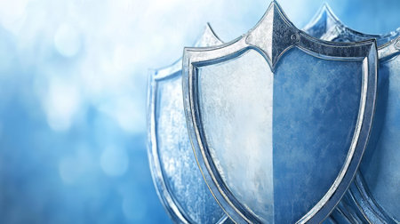 Abstract Blue And White Protection Shields, Concept For Insurance, Security, And Safetyの素材