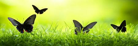 Four Stunning Black Butterflies Enjoy a Flight in a Wide Open Vibrant Green Grassy Meadowの素材