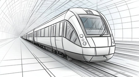 Modern High-Speed Train in Abstract Tunnel, Transportation Illustration, Contour Line Art Styleの素材