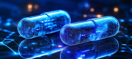 Digital Blue Pills on a Futuristic Technological Background, Representing Advancements in Medicine.の素材