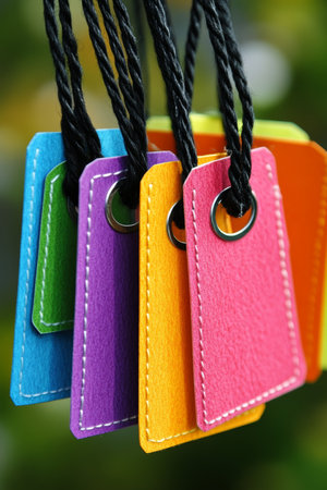Vivid Colorful Gift Tags on Strings Retail Background, Promotional Items for Seasonal Sale Eventの素材