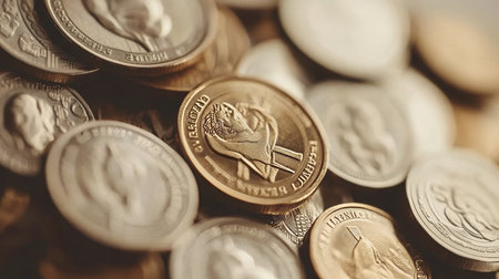 Close-up, Soft Focus on a Large Pile of Currency Coins, Finance and Investment Concept.の素材