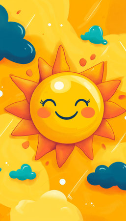 Cute Smiling Sun with Rosy Cheeks on a Cheerful Yellow Background with Playful Cloudsの素材