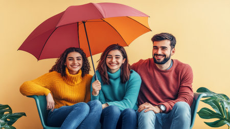 Friends Under Protection Umbrella, Concept Of Safety, Friendship, And Shared Securityの素材