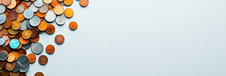 Financial Abundance Pile of Colorful Metal Coins on a Light Background with Ample Copyspaceの素材