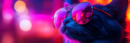 Neon Cool Cat Feline Fashion with Mirrored Aviator Sunglasses in a Vibrant Nightclub Settingの素材