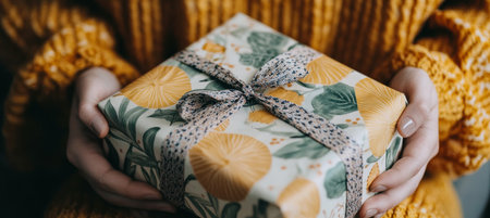 Hands Holding Beautifully Wrapped Gift with Floral Pattern, Perfect for Celebrations and Gift Givingの素材