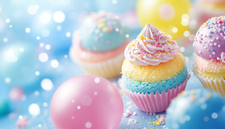 Colorful Birthday Party Dessert Table A Close Up of Festive Cupcakes, Celebrating with Sweet Treatsの素材