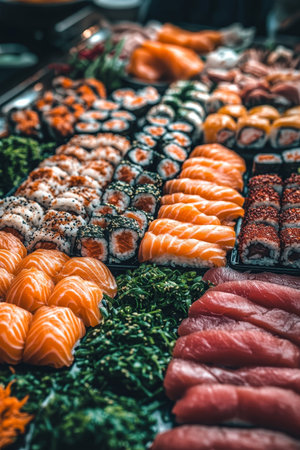 Fresh Sushi Platter, A Variety of Rolls and Sashimi, Japanese Cuisine, Buffet, Culinary Delightsの素材