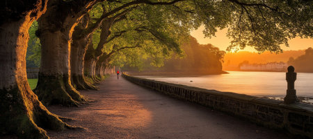 Golden Hour Run A lone runner enjoys a peaceful evening jog on a scenic tree-lined path at sunset.の素材