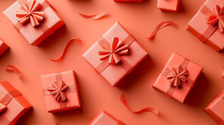 Colorful coral backdrop adorned with numerous miniature gift boxes for festive vibesの素材