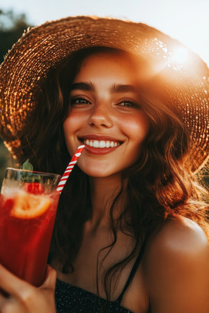 Smiling Young Woman in Straw Hat with Summer Cocktail in Sunset Light, Summer Refreshment Conceptの素材