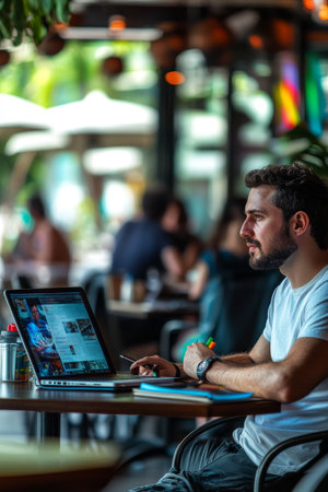 Focused young freelancer working on laptop in outdoor cafe, enjoying digital nomad lifestyleの素材