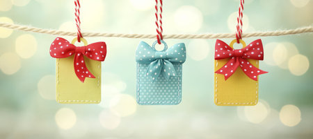 Three Blank Gift Tags, Yellow And Blue With Red And Blue Bows, Hanging On String, Bokeh Backgroundの素材