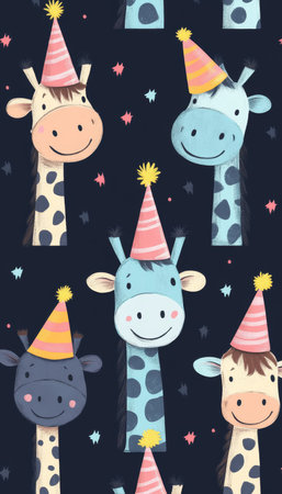 Seamless Pattern, Cute Giraffes With Party Hats, Dark Blue Background, Celebration, Birthdayの素材