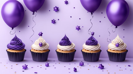Five Purple and White Cupcakes with Matching Balloons on a Purple Background with Confettiの素材