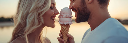 Romantic Couple Shares a Sweet Moment While Enjoying Ice Cream Cone Together Outdoors.の素材
