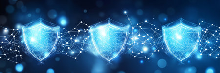 Network Security And Privacy Concept Abstract Blue Shield Icons On Digital Background.の素材