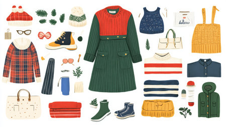 Winter Fashion Flat Lay Collection of Cozy Clothes and Accessories for Cold Weather, Top Viewの素材
