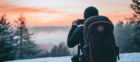 Photographer with Backpack and Camera Prepares Scenic Sunrise Shot, Exploring the Winter Wonderlandの素材