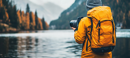 Photographer with Yellow Backpack Exploring Misty Lake and Forest Adventure Travel Concept Imageの素材
