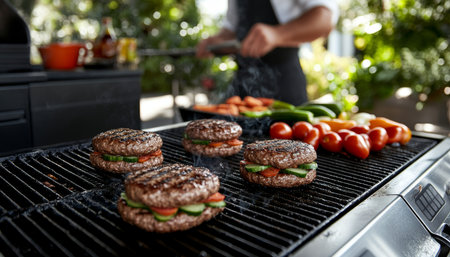 Grilled Burgers With Fresh Toppings On A Backyard Barbeque, Perfect For Summer Food Contentの素材