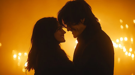 Romantic Evening, Silhouetted Couple in Love, Warm Ambient Lights, Relationship Goalsの素材