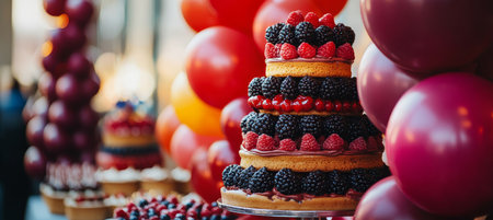Delicious Layered Berry Cake Decorated With Festive Balloons Perfect For a Birthday Celebrationの素材