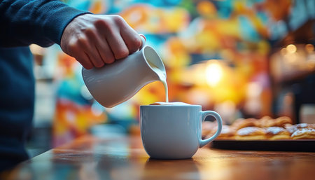 Barista skillfully pours frothed milk into coffee cup in a lively caf   with pastries and muralsの素材