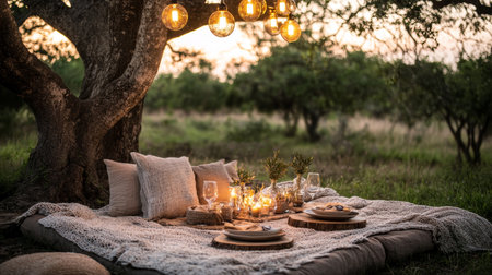 Romantic Dinner Setup Under Tree With Candlelight Boho Chic Decor and Cozy Atmosphere.の素材