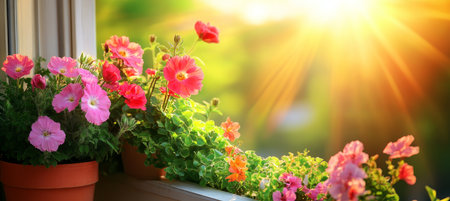 Sunlit Window Sill With Vibrant Potted Petunias, A Cheerful Scene Of Home Gardening In Bloomの素材