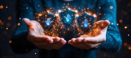 Security And Protection With Hands Holding Holographic Glowing Shields, Abstract Digital Backgroundの素材