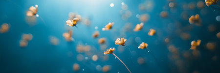 Yellow Flowers On Blue Background, Abstract Blurred Gentle Spring Nature Background With Copy Spaceの素材